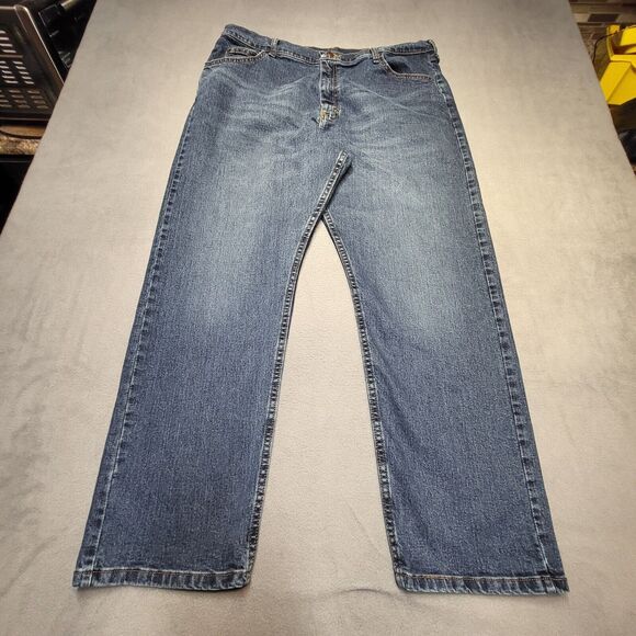 Wrangler Jeans Mens 38x29 Blue Denim Straight Leg Distressed Stretch - Picture 1 of 9